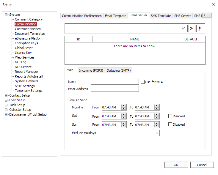 Email Server tab in Communication setup.