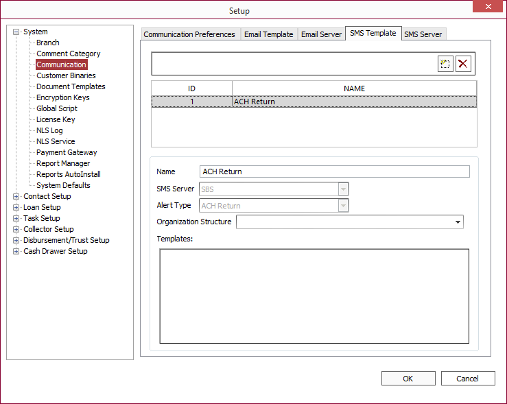 SMS Template tab in Communication setup.