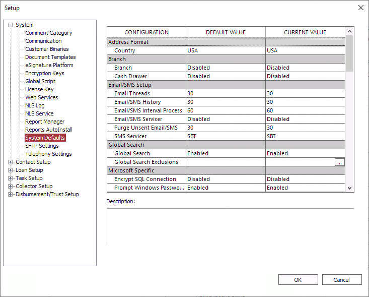 Email/SMS Setup in System Defaults.